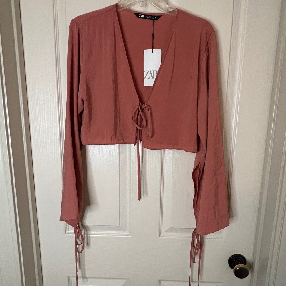 ZARA Mauve Tie Front Cropped Blouse Long Sleeve Size S
